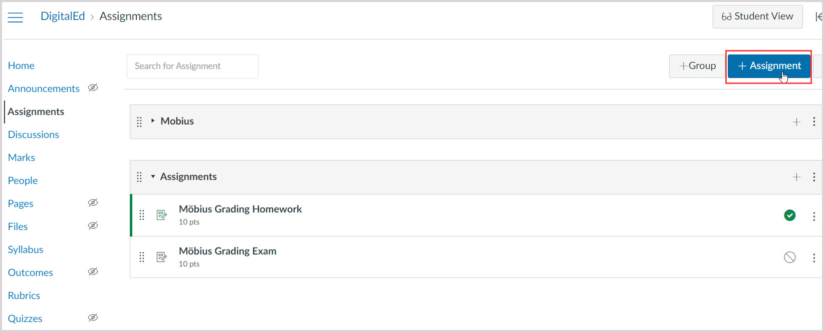 On Canvas course assignments page, at the top-right the Add Assignment button is highlighted.